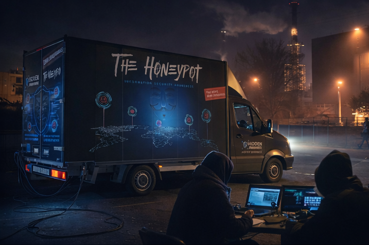 Escape Game Truck „The Honeypot“ bei einem nächtlichen Einsatz in industrieller Umgebung